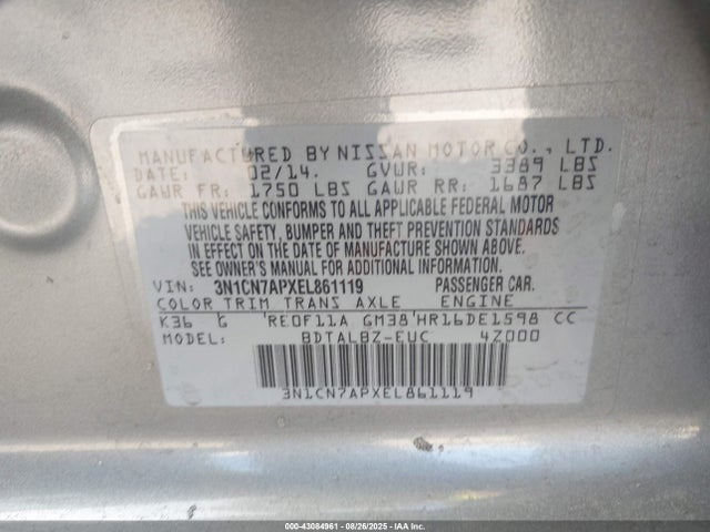 3N1CN7APXEL861119 Nissan Versa