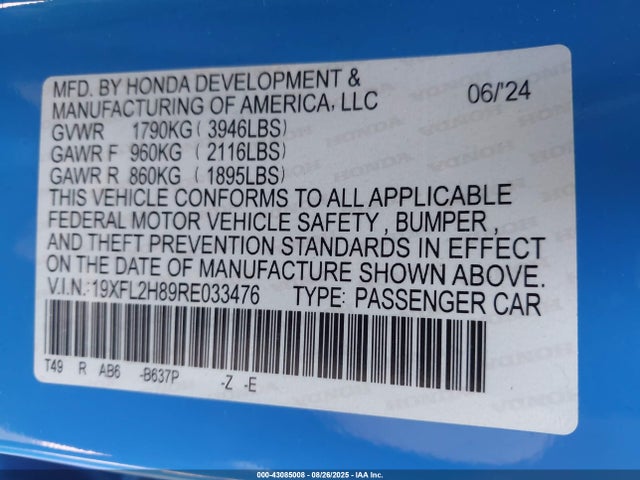 Honda k20c2 2024 19XFL2H89RE033476 Image 9