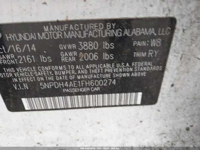 Hyundai dohc mpi nu 2015 5NPDH4AE1FH600274 Image 9