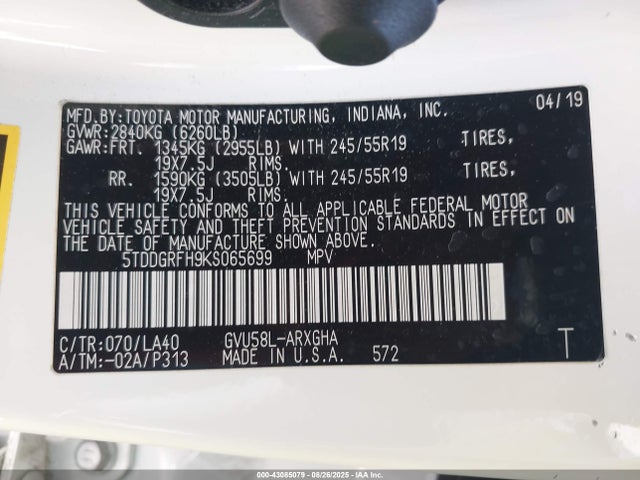 Toyota 2gr-fxs, 4jm+2fm 2019 5TDDGRFH9KS065699 Image 9