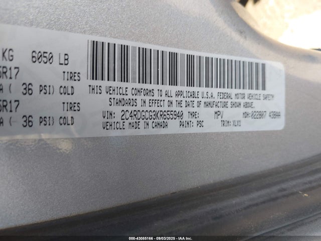 2019 Dodge Grand Caravan Sxt მანქანა იყიდება აუქციონზე, vin: 2C4RDGCG3KR655940, აუქციონის ნომერი: 43085166