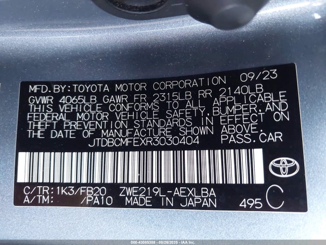 Toyota 2zr-fxe 2024 JTDBCMFEXR3030404 Image 9