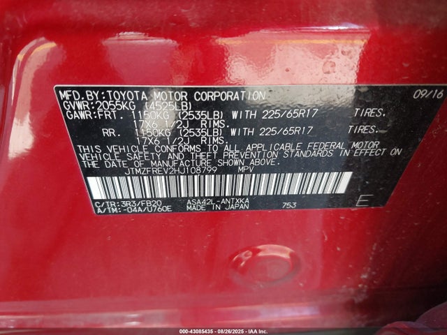 Toyota 2ar-fe 2017 JTMZFREV2HJ108799 Image 9