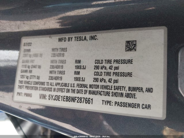 2022 TESLA MODEL 3 5YJ3E1EB8NF287661 Photo 8