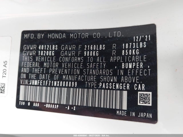 Honda l15by 2022 JHMFE1F71NX008899 Image 9