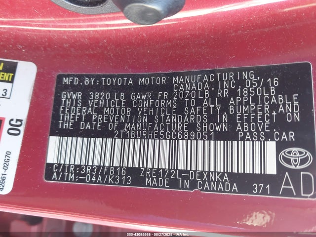 Toyota 2zr-fe 2016 2T1BURHE5GC689051 Image 9