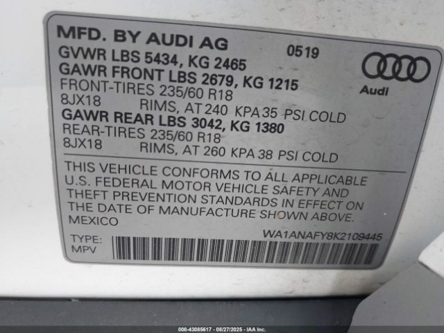 2019 AUDI Q5 WA1ANAFY8K2109445 Photo 8