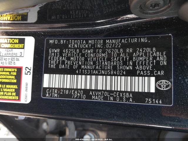 Toyota a25a-fxs, 3nm 2022 4T1S31AK3NU584024 Image 9