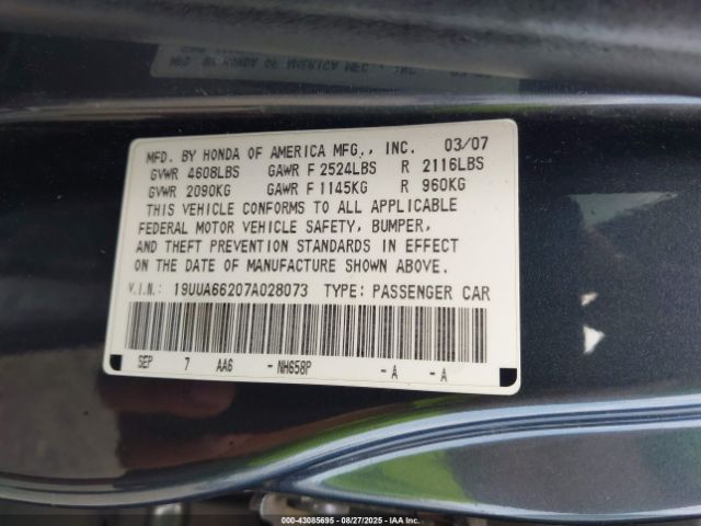 2007 ACURA TL 19UUA66207A028073 Photo 8