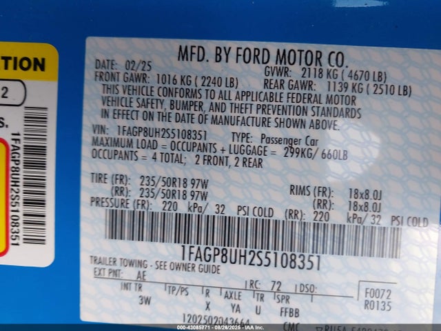 Ford 4v 2025 1FAGP8UH2S5108351 Image 9