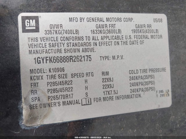 2008 CADILLAC ESCALADE ESV 1GYFK66888R262175 Photo 8