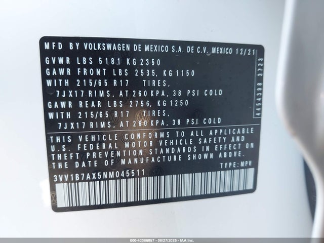 3VV1B7AX5NM045511 Volkswagen 2022