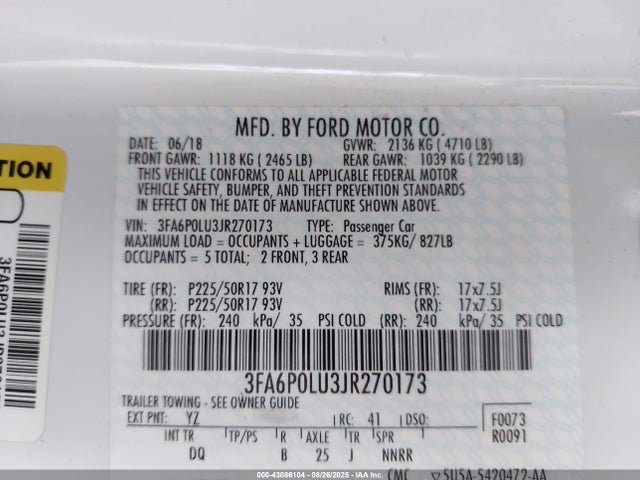 3FA6P0LU3JR270173 Ford 2.0l 4v atk hev