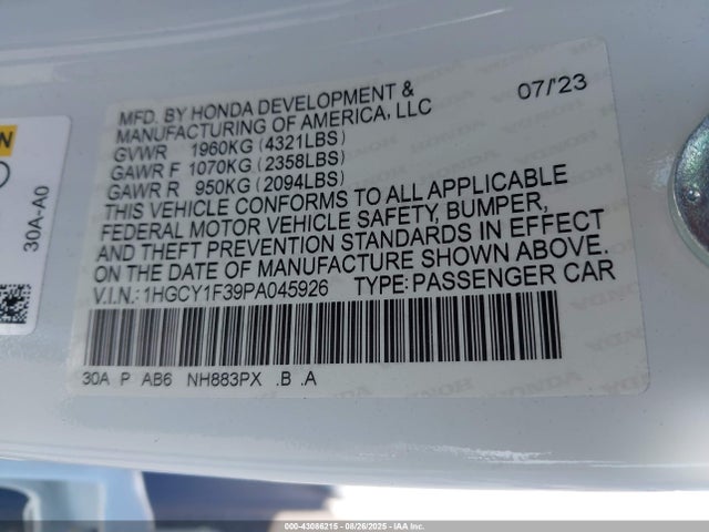 1HGCY1F39PA045926 Honda l15be