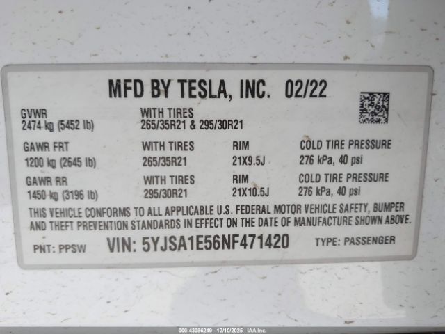2022 TESLA MODEL S 5YJSA1E56NF471420 Photo 8