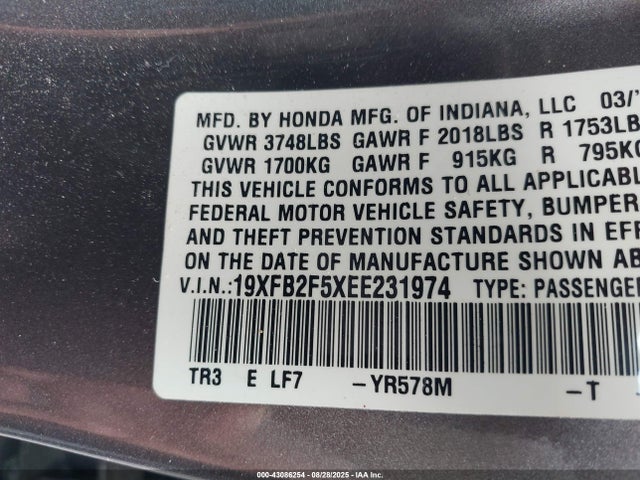 Honda r18z1 2014 19XFB2F5XEE231974 Image 9