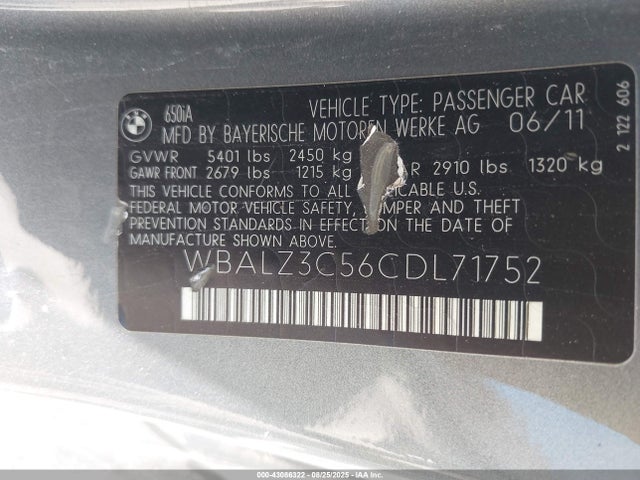 Aukcja sprzedaży 2012 Bmw 650i, vin: WBALZ3C56CDL71752, numer aukcji: 43086322