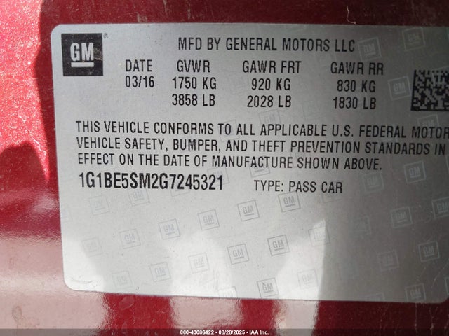 1G1BE5SM2G7245321 Chevrolet le2 - di: direct injection, alum, vvt, gen i, gmna