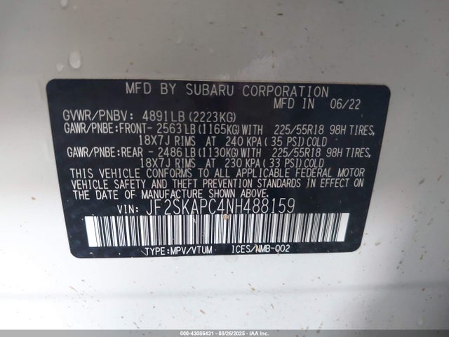 Auction sale of the 2022 Subaru Forester Limited, vin: JF2SKAPC4NH488159, lot number: 43086431