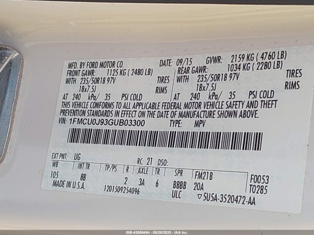 Ford Escape 2016 1FMCU0J93GUB03300 Image 9