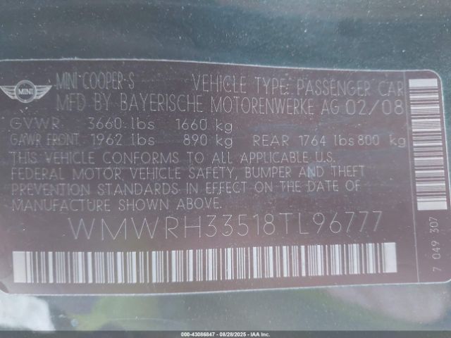 2008 MINI COOPER S WMWRH33518TL96777 Photo 8