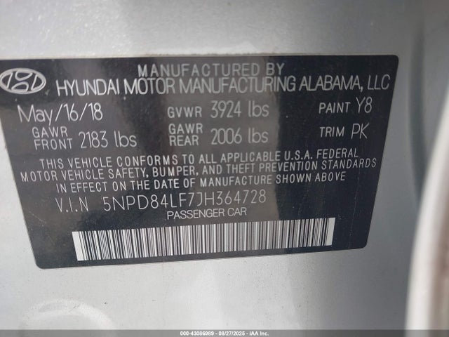 5NPD84LF7JH364728 Hyundai mpi nu