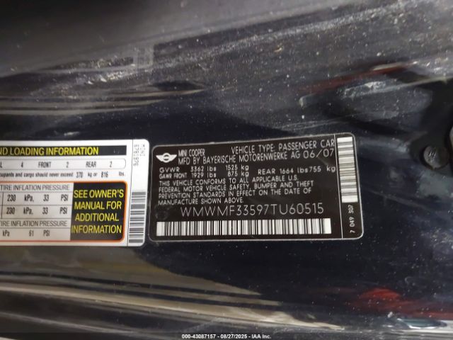 2007 MINI COOPER WMWMF33597TU60515 Photo 8
