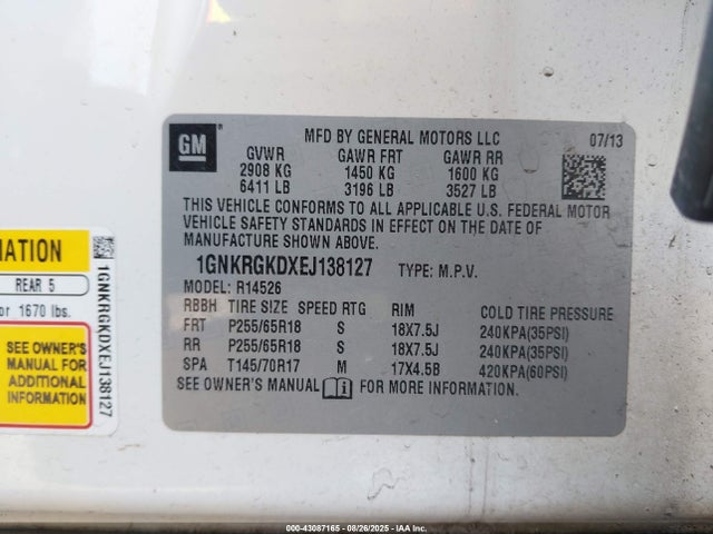 Chevrolet llt 2014 1GNKRGKDXEJ138127 Image 9