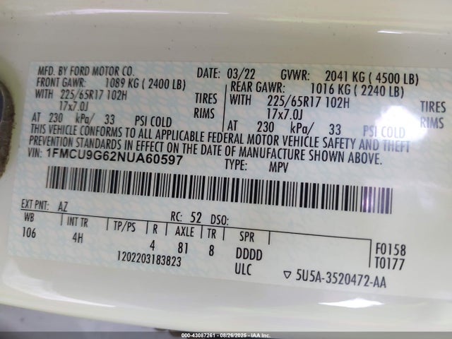 1FMCU9G62NUA60597 Ford dragon di tc