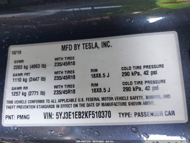 2019 TESLA MODEL 3 5YJ3E1EB2KF510370 Photo 8