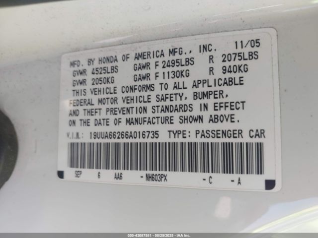 2006 ACURA TL 19UUA66266A016735 Photo 8