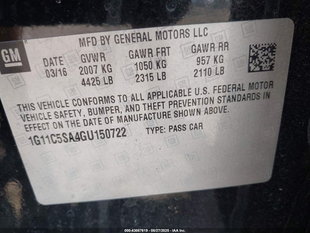43087619 :رقم المزاد ، 1G11C5SA4GU150722 vin ، 2016 Chevrolet Malibu Limited Lt مزاد بيع