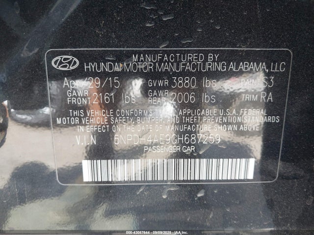 5NPDH4AE9GH687259 Hyundai dohc mpi nu