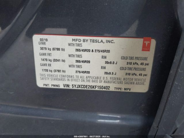 2019 TESLA MODEL X 5YJXCDE26KF150402 Photo 8