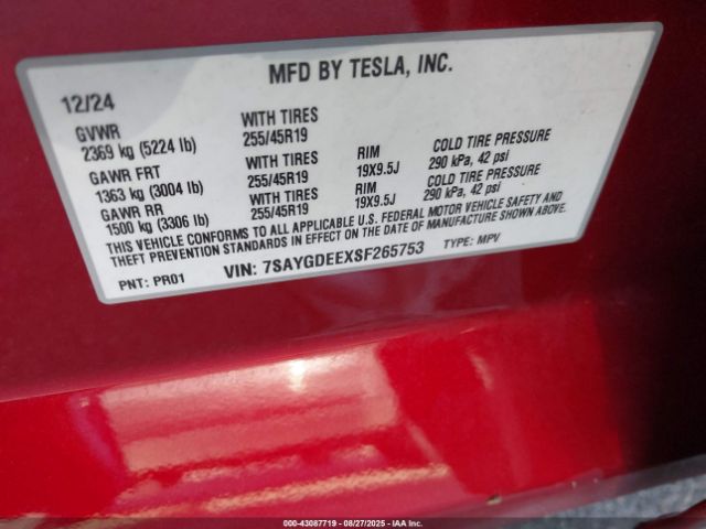 2025 TESLA MODEL Y 7SAYGDEEXSF265753 Photo 8