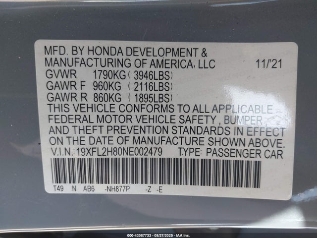 Honda k20c2 2022 19XFL2H80NE002479 Image 9