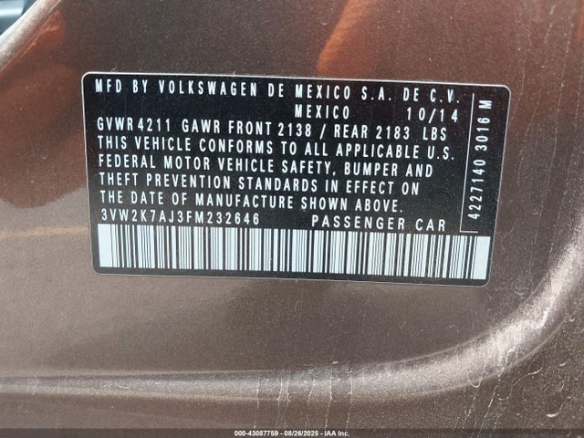 Volkswagen 2015 2015 3VW2K7AJ3FM232646 Image 9