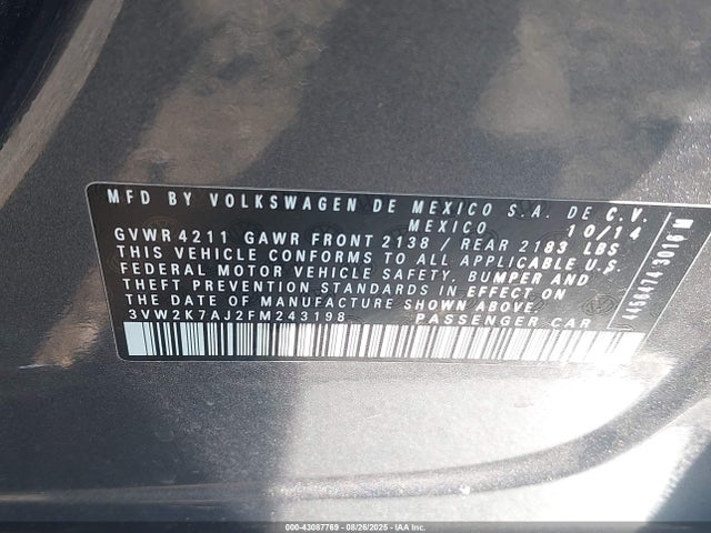 43087769 :رقم المزاد ، 3VW2K7AJ2FM243198 vin ، 2015 Volkswagen Jetta 2.0l S مزاد بيع