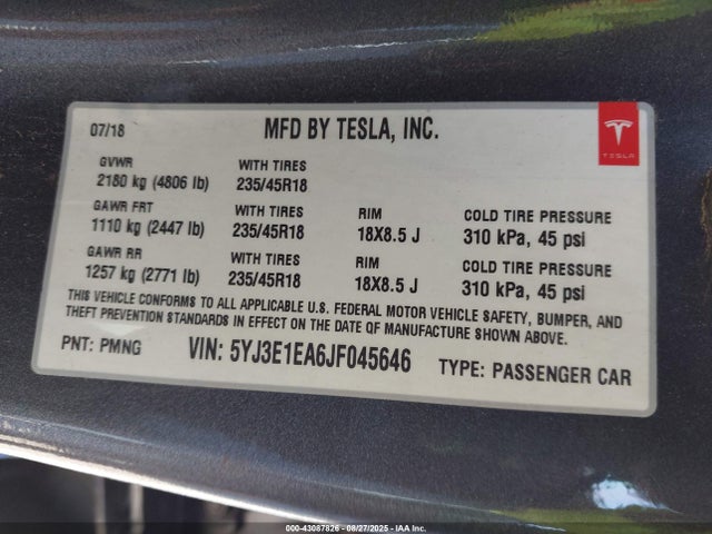2018 TESLA MODEL 3 5YJ3E1EA6JF045646 Photo 8