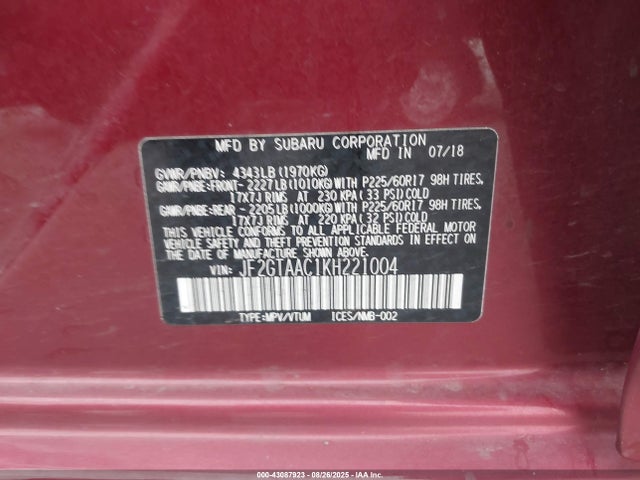 Subaru naturally aspirated 2019 JF2GTAAC1KH221004 Image 9
