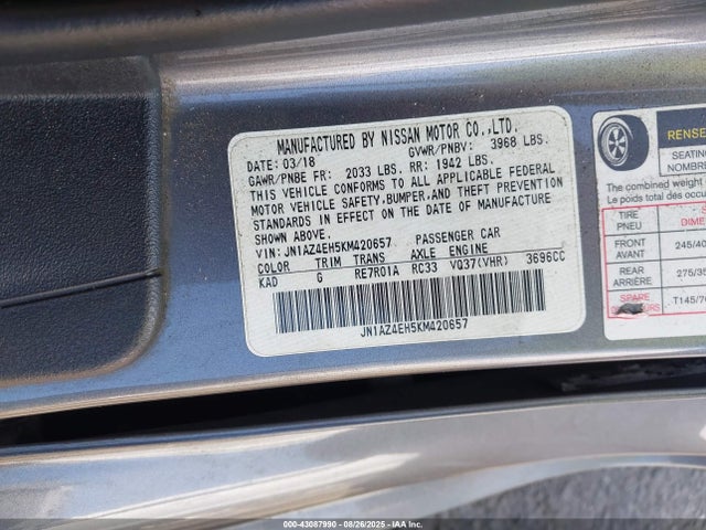 JN1AZ4EH5KM420657 Nissan 370z Sport Touring