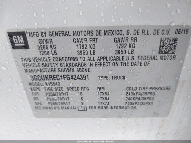 2015 Chevrolet Silverado 1500 1lt მანქანა იყიდება აუქციონზე, vin: 3GCUKREC1FG424391, აუქციონის ნომერი: 43088252