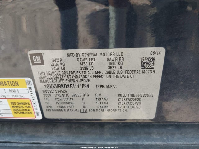 Продажа на аукционе авто 2015 Gmc Acadia Slt-1, vin: 1GKKVRKDXFJ111094, номер лота: 43088285