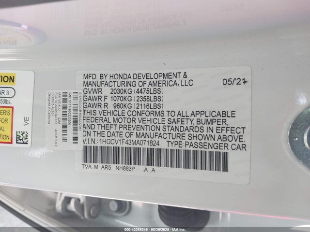 1HGCV1F43MA071824 Honda l15be