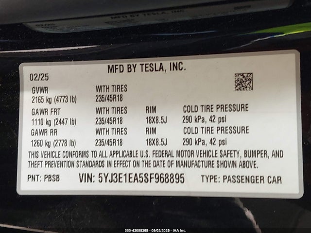 2025 TESLA MODEL 3 5YJ3E1EA5SF968895 Photo 8