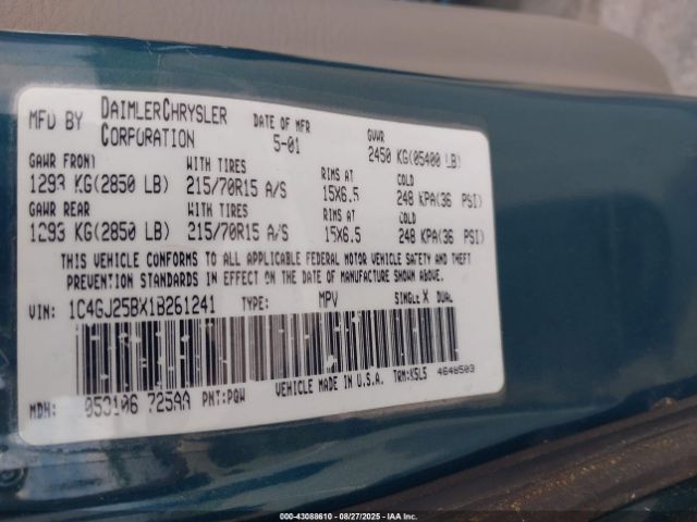 2001 CHRYSLER VOYAGER 1C4GJ25BX1B261241 Photo 8