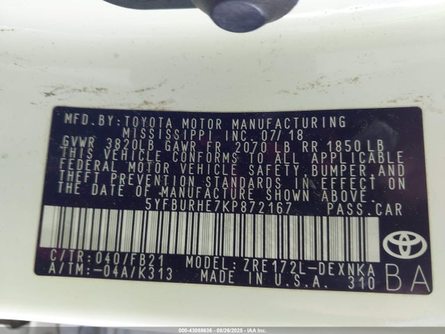 5YFBURHE7KP872167 Toyota 2zr-fe