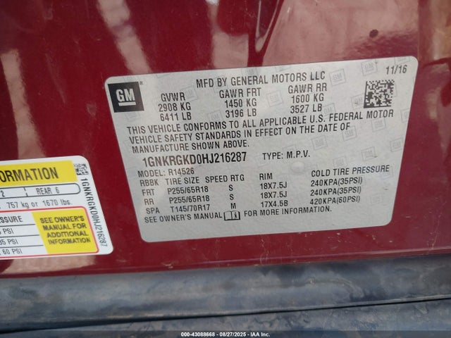 1GNKRGKD0HJ216287 Chevrolet llt - sidi: spark ignited direct injection, alum, 60 degrees