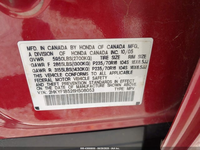 43088855 :رقم المزاد ، 2HKYF18526H508053 vin ، 2006 Honda Pilot Ex-l مزاد بيع