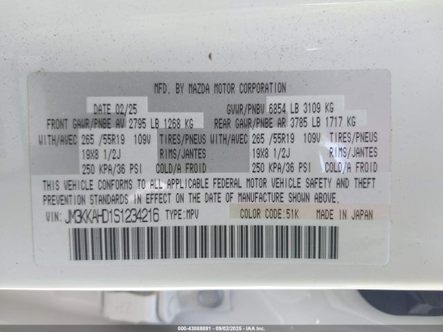 JM3KKAHD1S1234216 Mazda h3 standard power